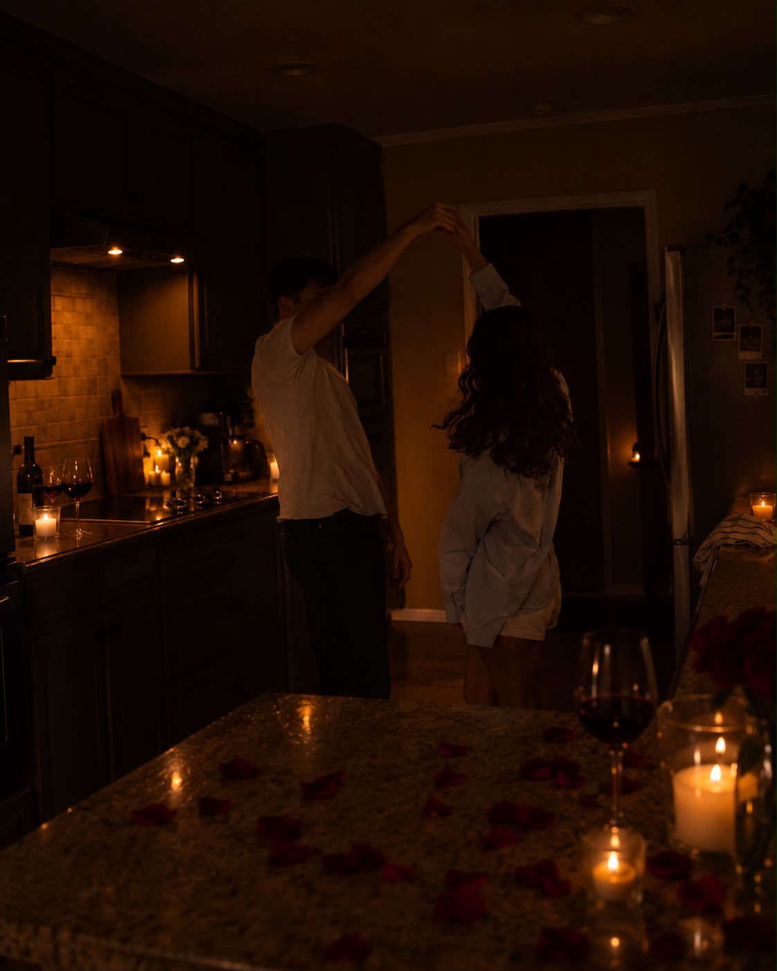 Couple dancing in a candlelit kitchen, with rose petals on the counter