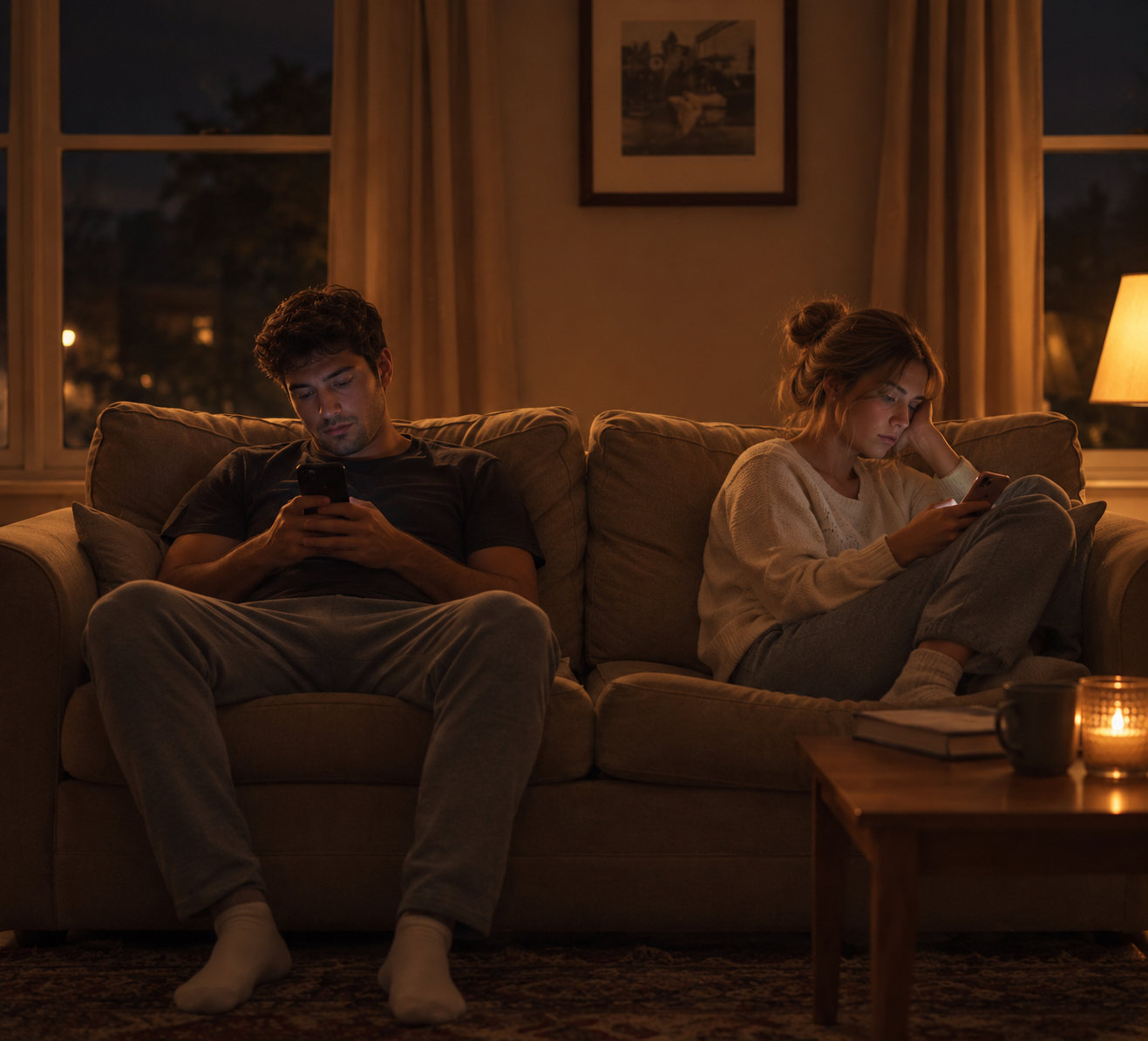 Couple on the couch at night, each looking at their own phone